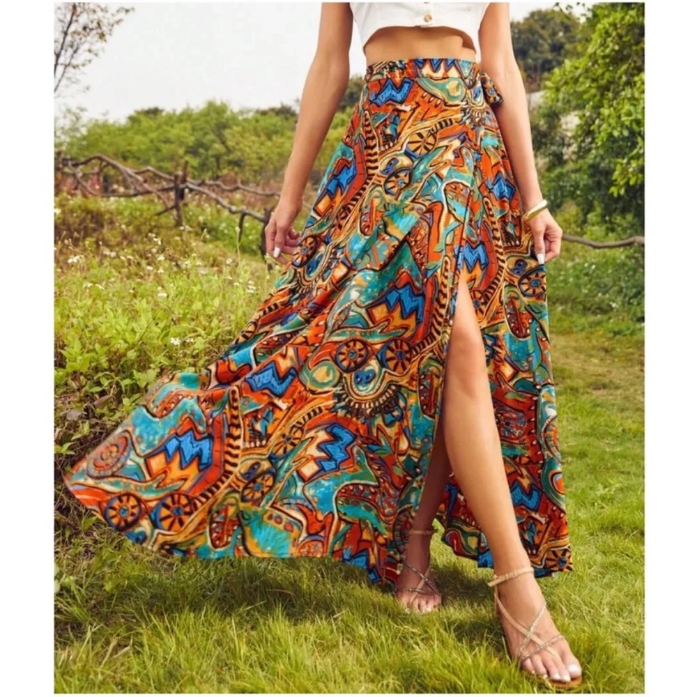 Boho Gypsy Festival Print Tie Maxi Skirt S M L XL - Picture 1 of 5
